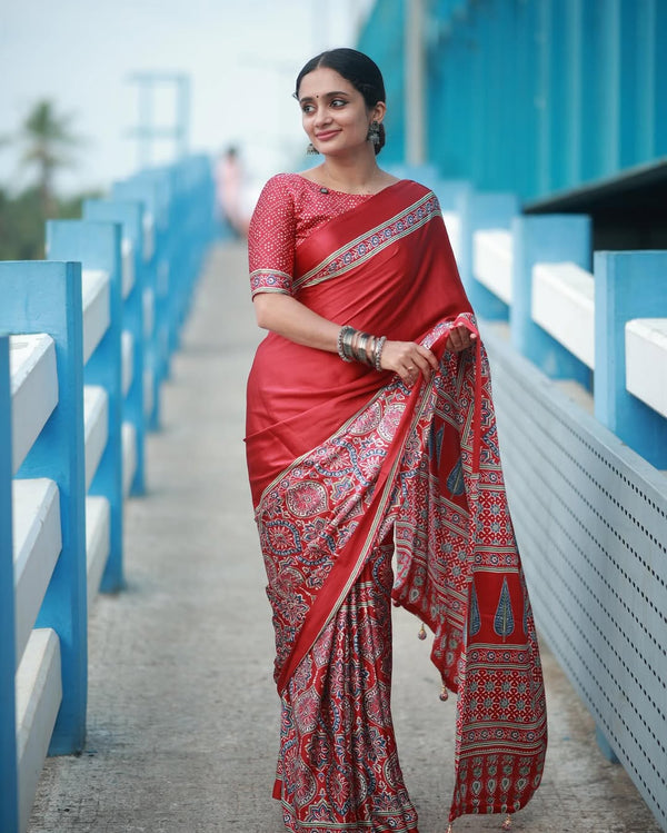 Red Ajrakh Primum Modal Silk Saree With Blouse