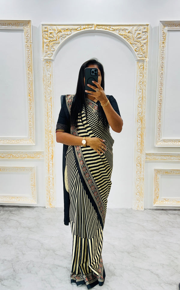 Ajrakh Printed Modal Silk Saree With Ajrakh Blouse