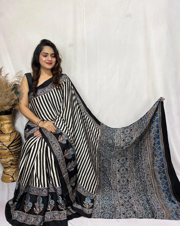 Ajrakh Primum Modal Silk Saree With Blouse