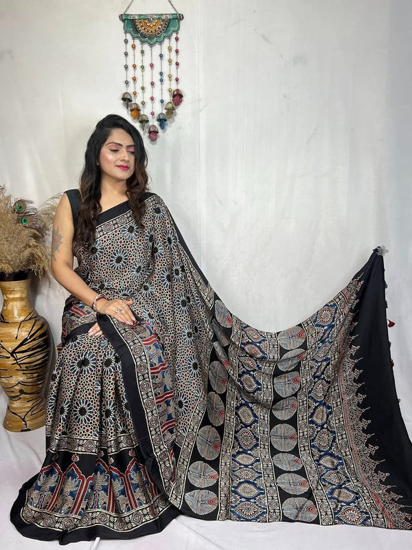 Ajrakh Primum Modal Silk Saree With Blouse