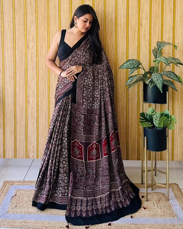 Ajrakh Primum Modal Silk Saree With Blouse