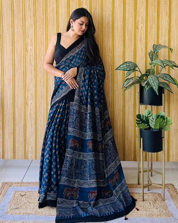 Ajrakh Primum Modal Silk Saree With Blouse