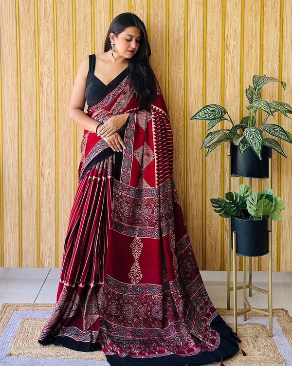 Ajrakh Primum Modal Silk Saree With Blouse