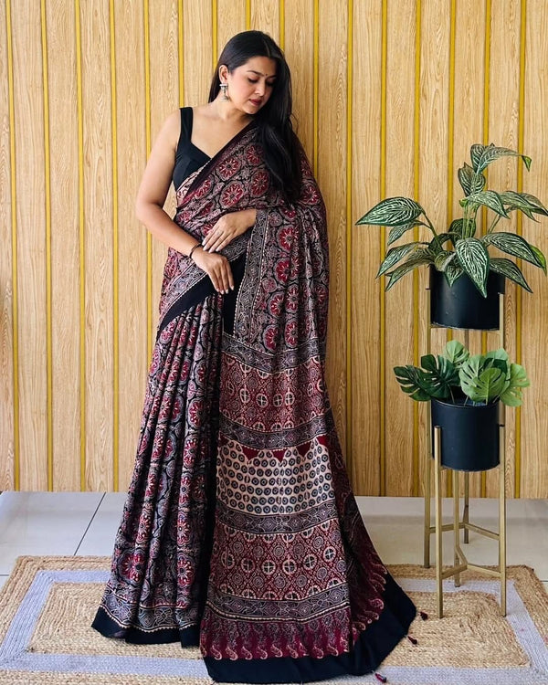 Ajrakh Primum Modal Silk Saree With Blouse