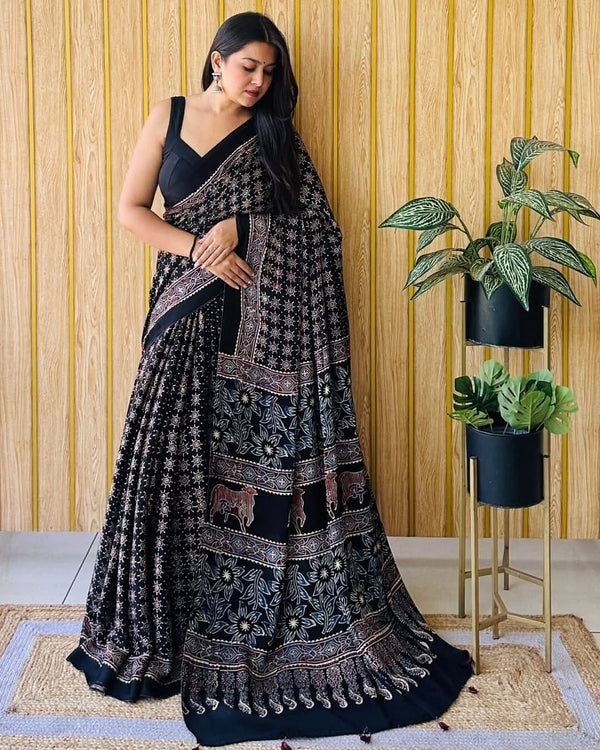 Ajrakh Primum Modal Silk Saree With Blouse