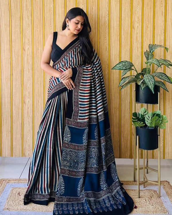 Ajrakh Primum Modal Silk Saree With Blouse