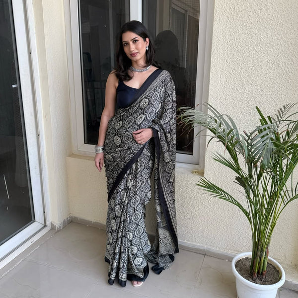 Ajrakh Printed Modal Silk Saree With Ajrakh Blouse