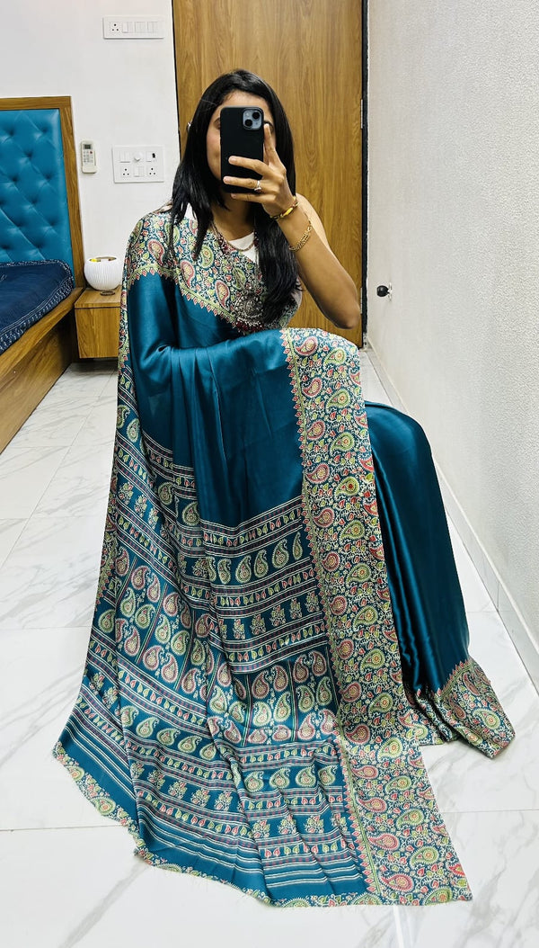 Beautiful Rama Ajrakh Pure Gajji Silk Saree WIth Tassel