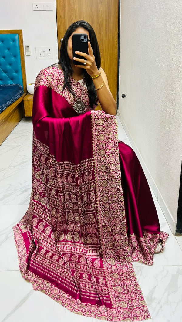 Beautiful Maroon Ajrakh Pure Gajji Silk Saree WIth Tassel
