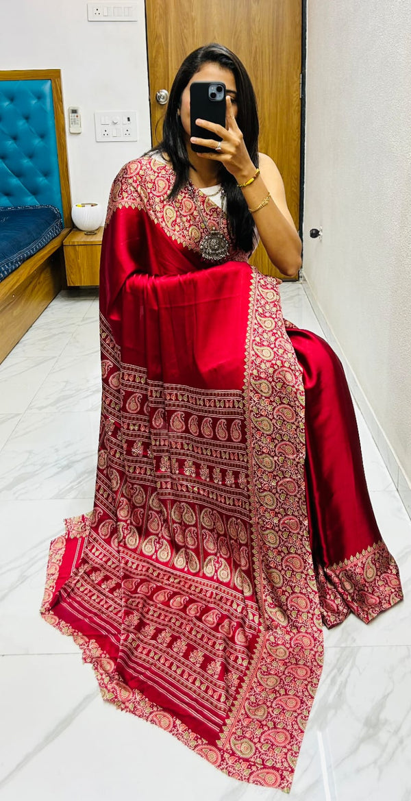 Beautiful Red Ajrakh Pure Gajji Silk Saree WIth Tassel