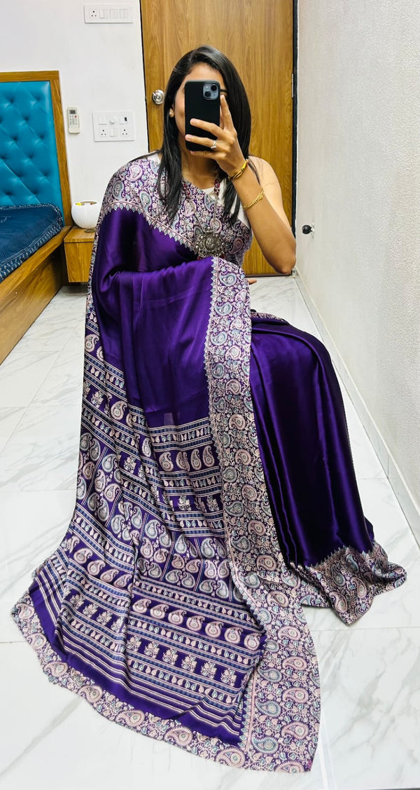 Beautiful Purpul Ajrakh Pure Gajji Silk Saree WIth Tassel