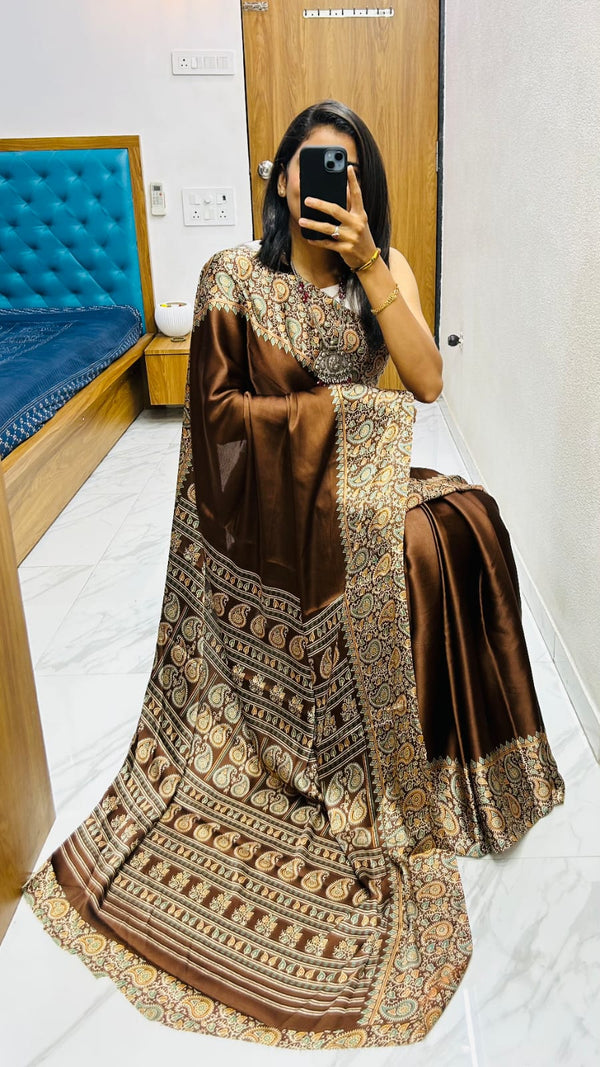 Beautiful Coffee Ajrakh Pure Gajji Silk Saree WIth Tassel