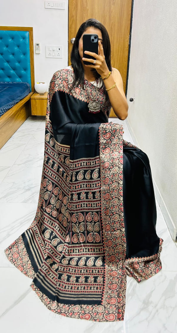 Beautiful Black Ajrakh Pure Gajji Silk Saree WIth Tassel