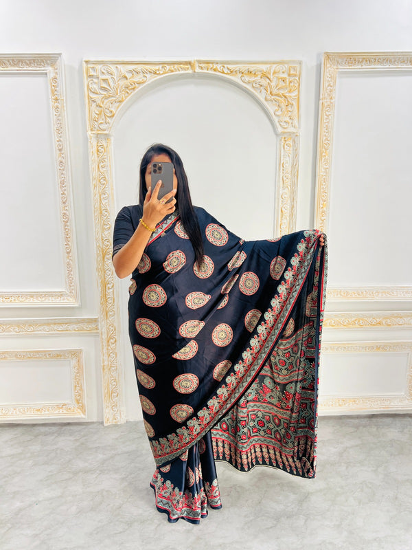 Ajrakh Printed Semi Gaji Silk Saree With Ajrakh Blouse