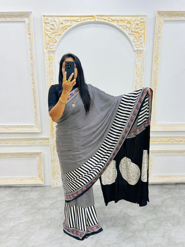 Ajrakh Printed Semi Gaji Silk Saree With Ajrakh Blouse