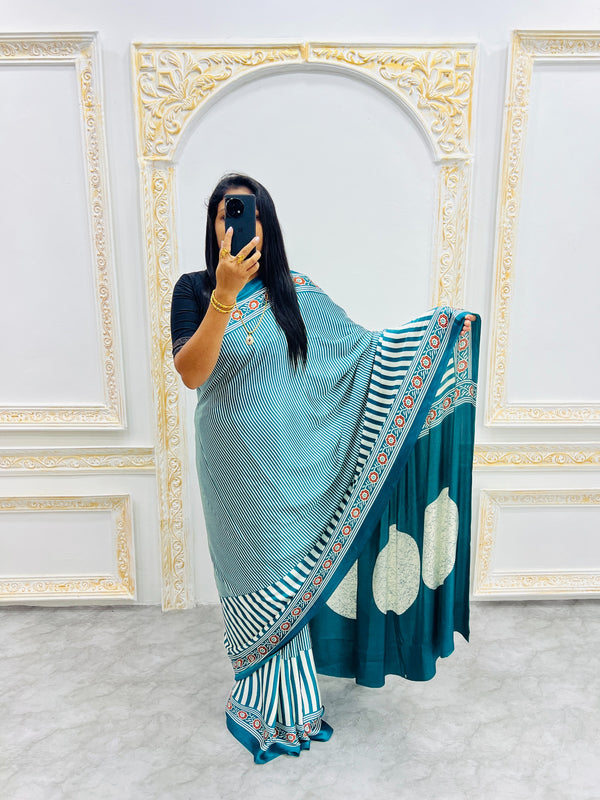 Ajrakh Printed Semi Gaji Silk Saree With Ajrakh Blouse