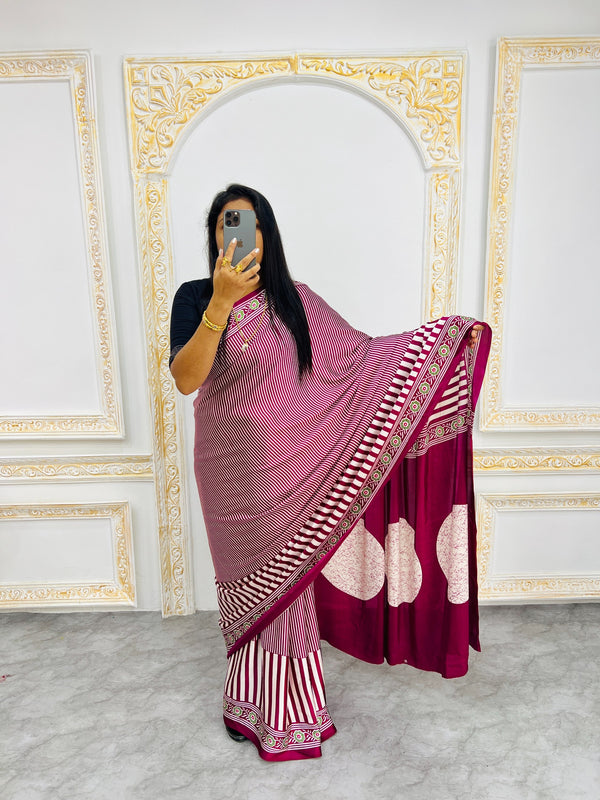 Ajrakh Printed Semi Gaji Silk Saree With Ajrakh Blouse