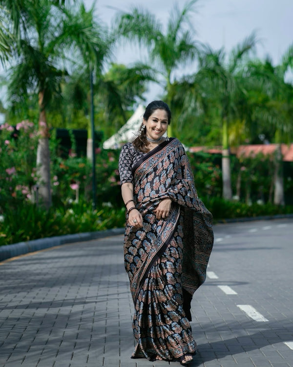 Black Ajrakh Primum Modal Silk Saree With Blouse