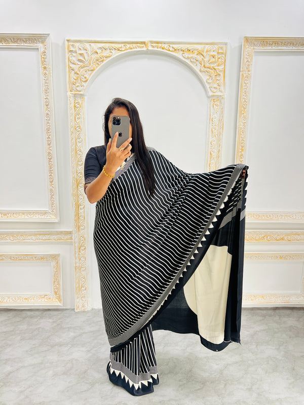 Ajrakh Printed Semi Gaji Silk Saree With Ajrakh Blouse