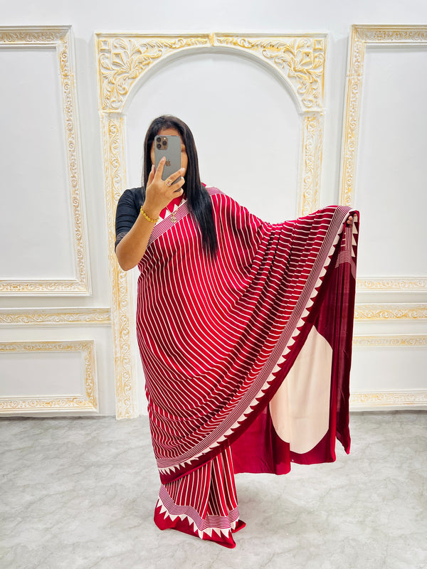 Ajrakh Printed Semi Gaji Silk Saree With Ajrakh Blouse