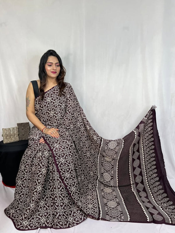 Black Ajrakh Primum Modal Silk Saree With Blouse