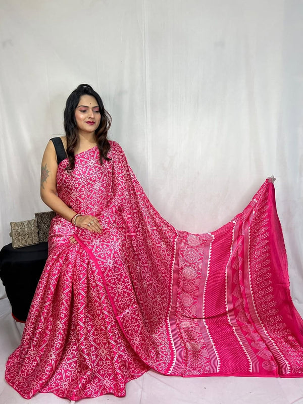 Pink Ajrakh Primum Modal Silk Saree With Blouse
