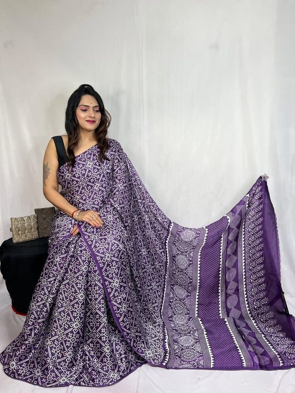 Violet Blue Ajrakh Primum Modal Silk Saree With Blouse