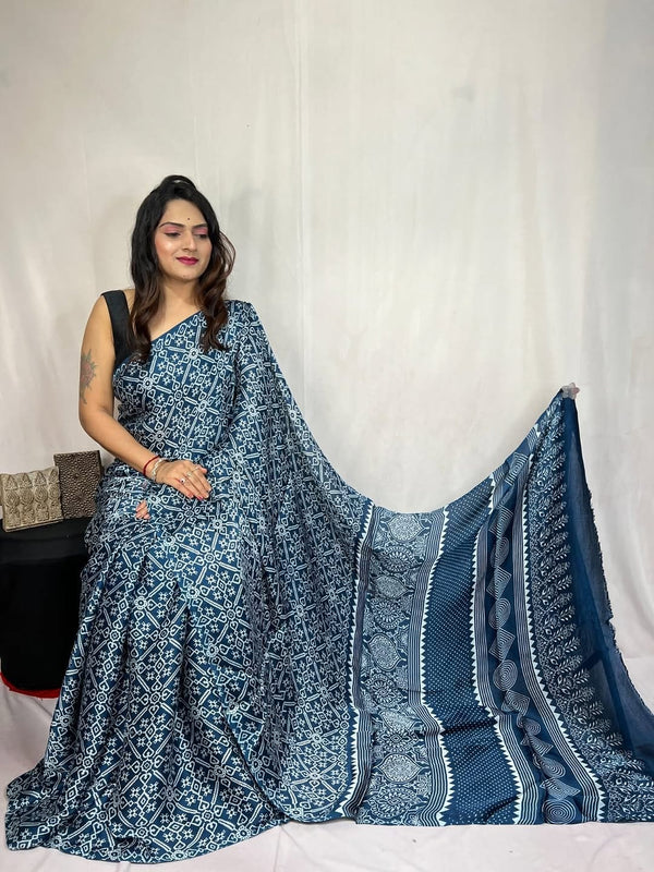 Blue Ajrakh Primum Modal Silk Saree With Blouse
