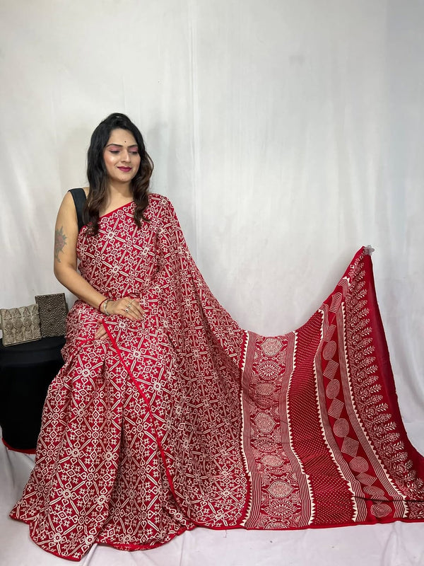 Red Ajrakh Primum Modal Silk Saree With Blouse