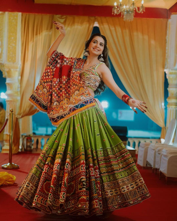 Green Color Soft Butter Silk Chaniya Choli | Fancy Digital with Real Mirror Work for Traditional Wear