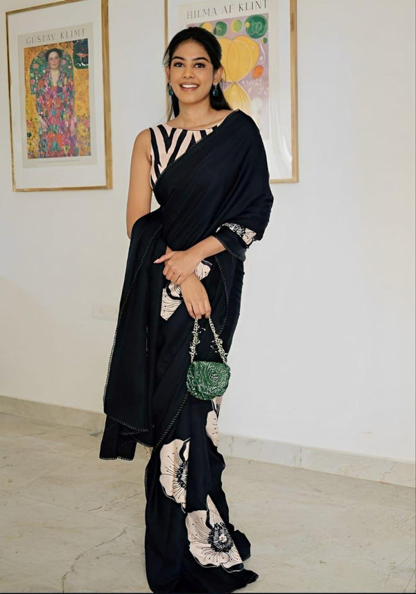 Black Ajrakh Primum Modal Silk Saree With Blouse