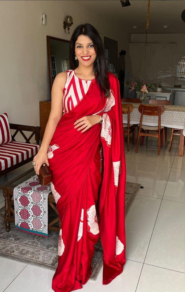 Red Ajrakh Primum Modal Silk Saree With Blouse