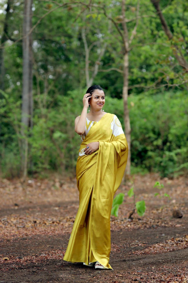 Yellow Ajrakh Primum Modal Silk Saree With Blouse