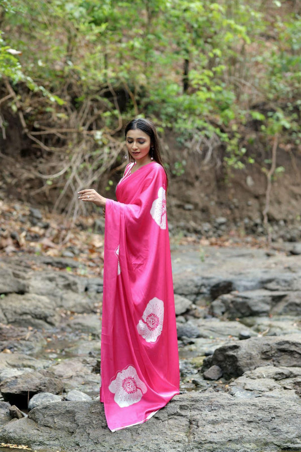 Pink Ajrakh Primum Modal Silk Saree With Blouse
