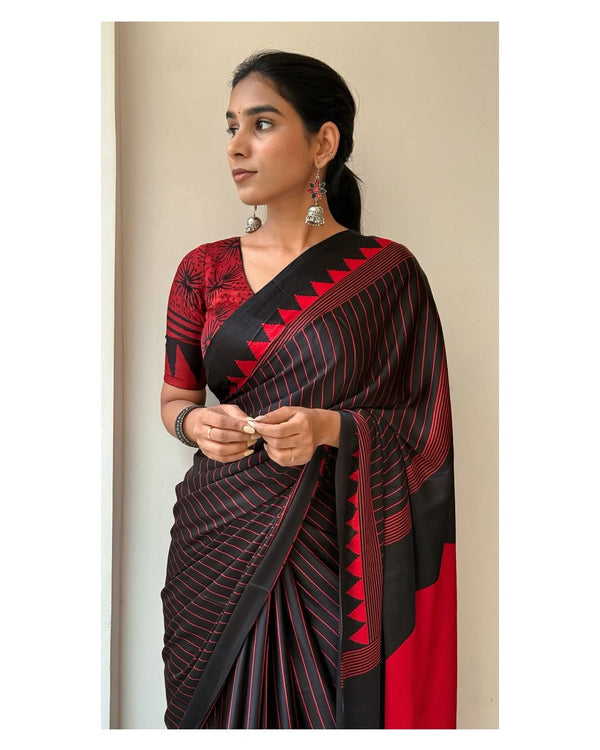 Black Red Line Ajrakh Primum Modal Silk Saree With Blouse