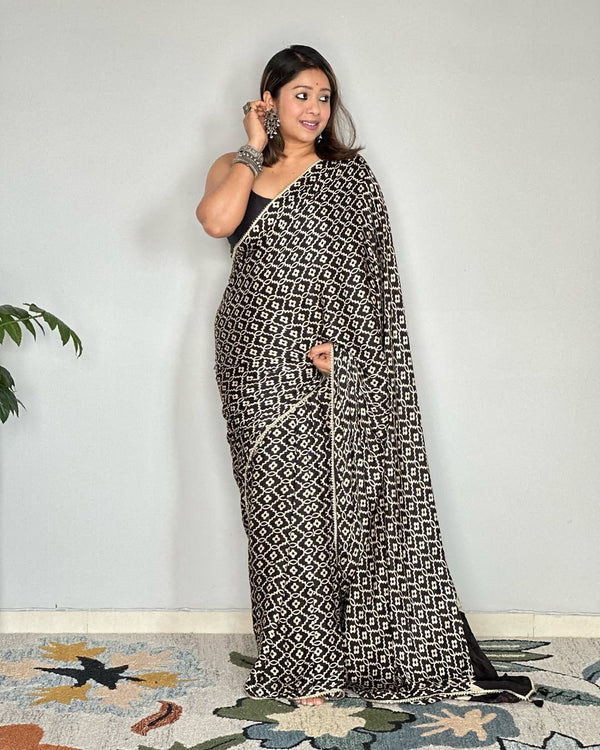 Black Ajrakh Primum Modal Silk Saree With Blouse