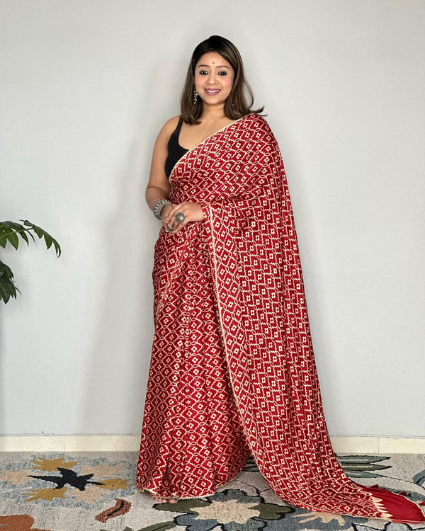 Red Ajrakh Primum Modal Silk Saree With Blouse