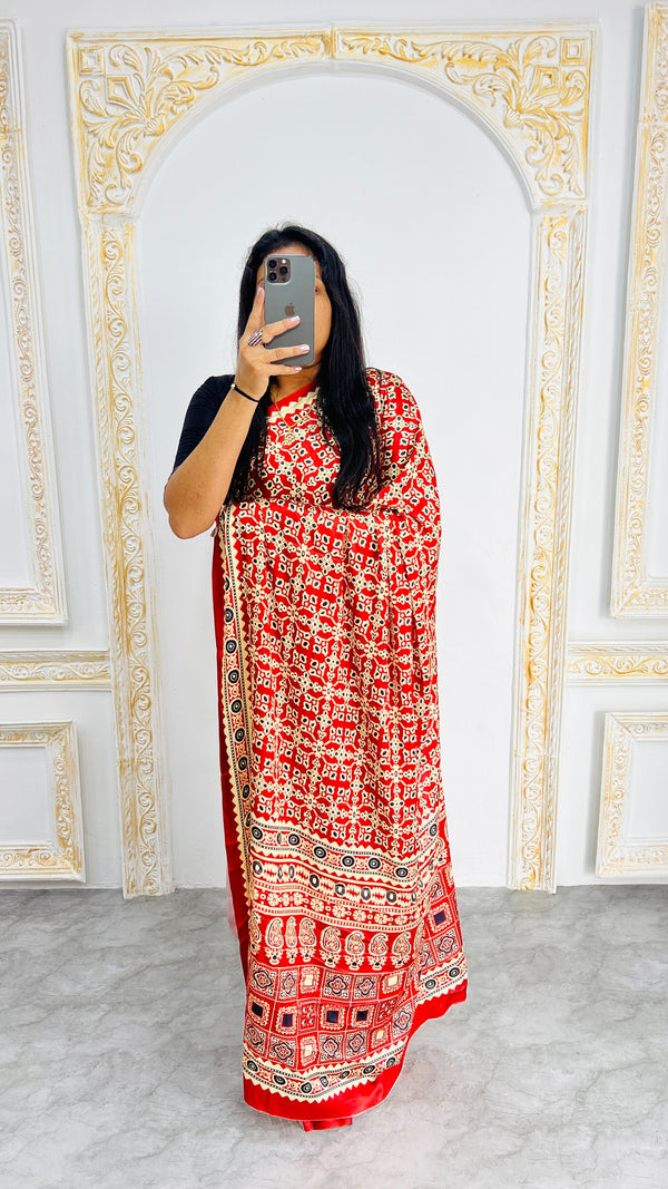 Red Ajrakh Primum Modal Silk Saree With Blouse