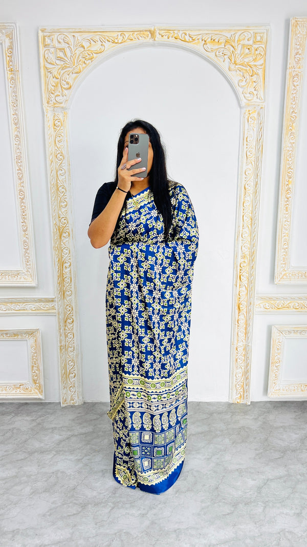 Blue Ajrakh Primum Modal Silk Saree With Blouse
