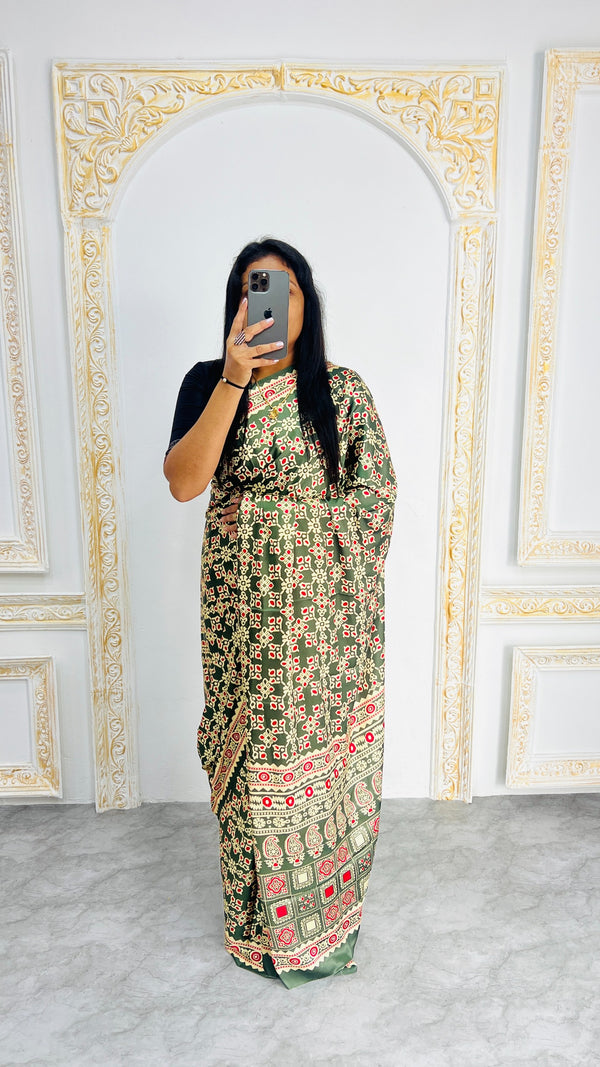 Dark Green Ajrakh Primum Modal Silk Saree With Blouse