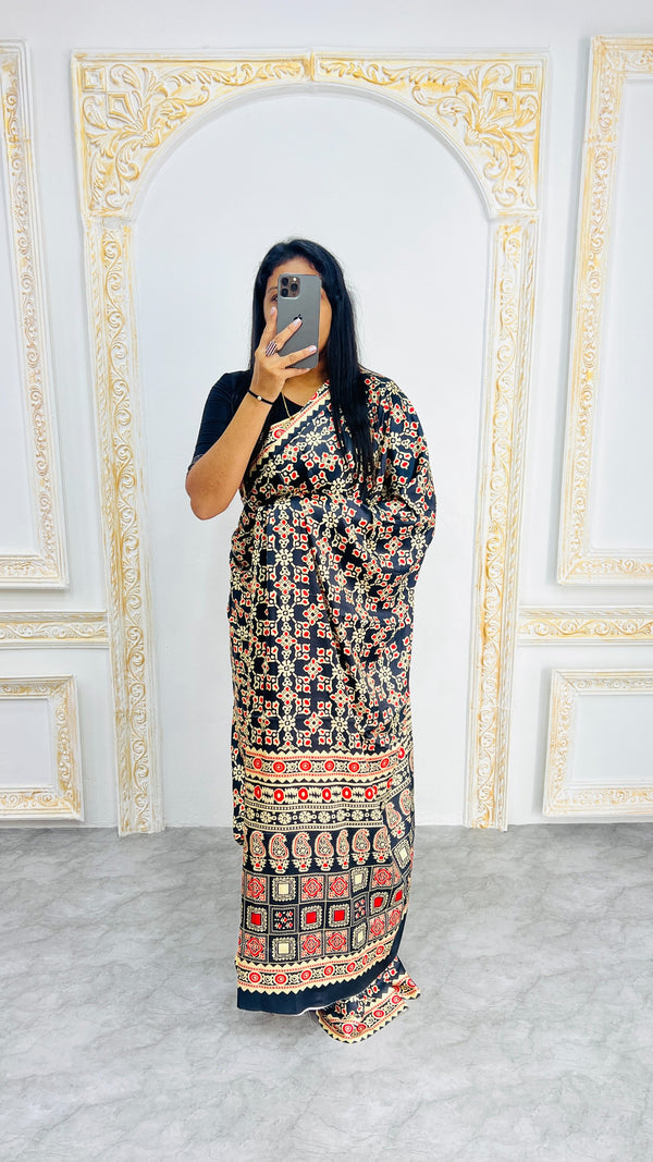 Black Ajrakh Primum Modal Silk Saree With Blouse