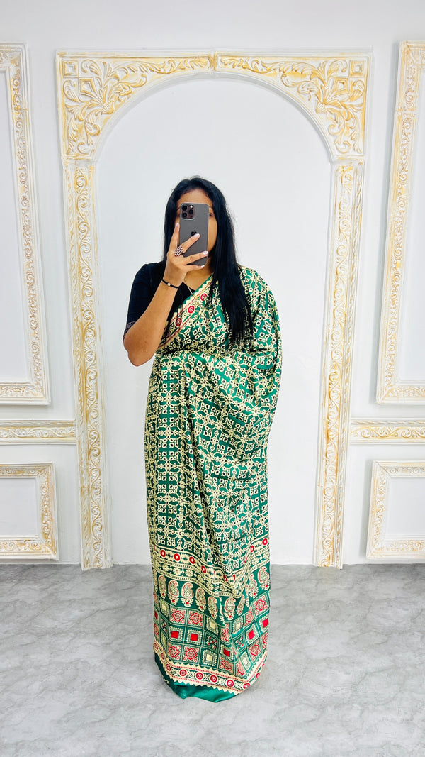 Green Ajrakh Primum Modal Silk Saree With Blouse