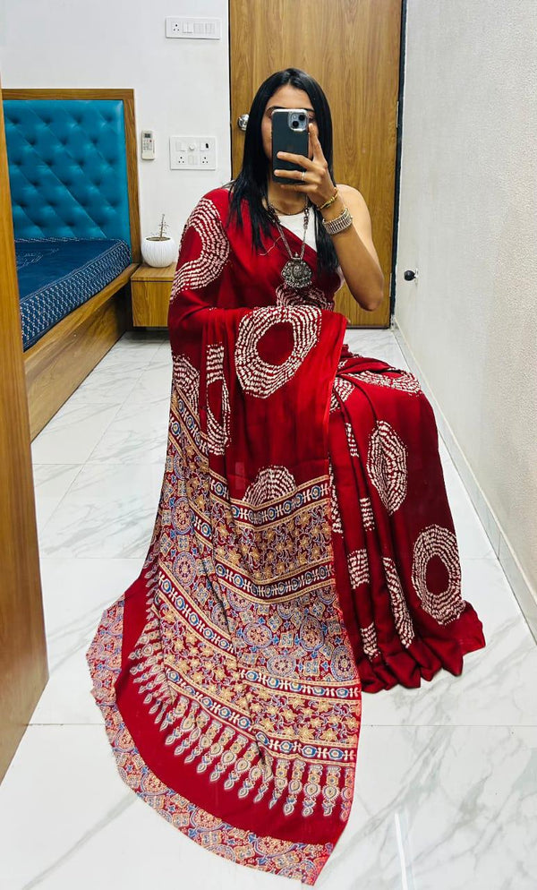 Red Ajrakh Primum Modal Silk Saree With Blouse