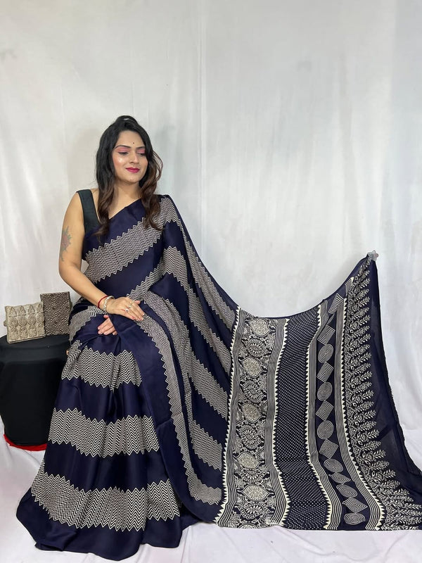 Blue Ajrakh Primum Modal Silk Saree With Blouse