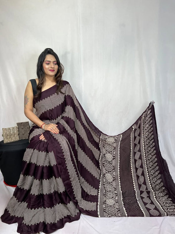 Wine Ajrakh Primum Modal Silk Saree With Blouse