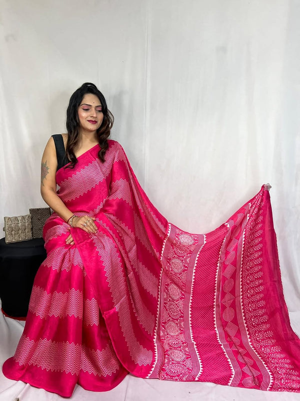 Rani Ajrakh Primum Modal Silk Saree With Blouse