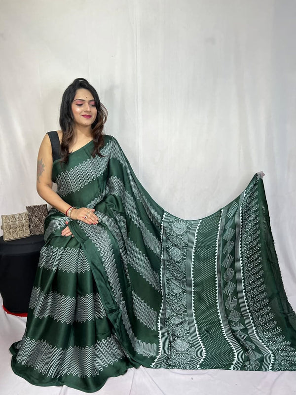 Green Ajrakh Primum Modal Silk Saree With Blouse
