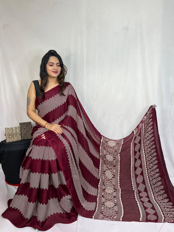 Maroon Ajrakh Primum Modal Silk Saree With Blouse