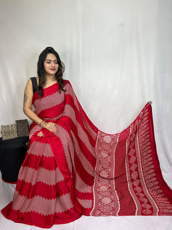 Red Ajrakh Primum Modal Silk Saree With Blouse