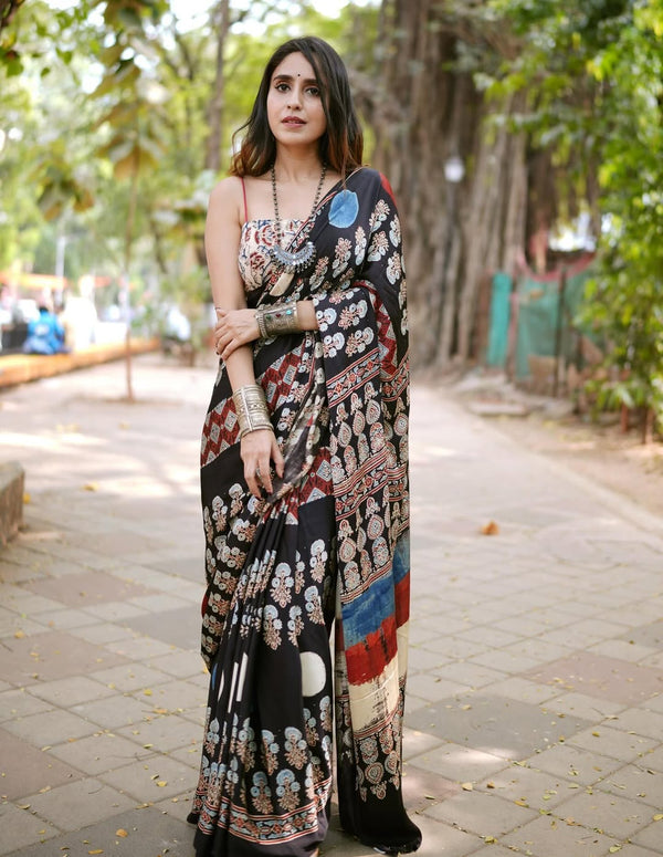 Ajrakh Primum Modal Silk Saree With Blouse